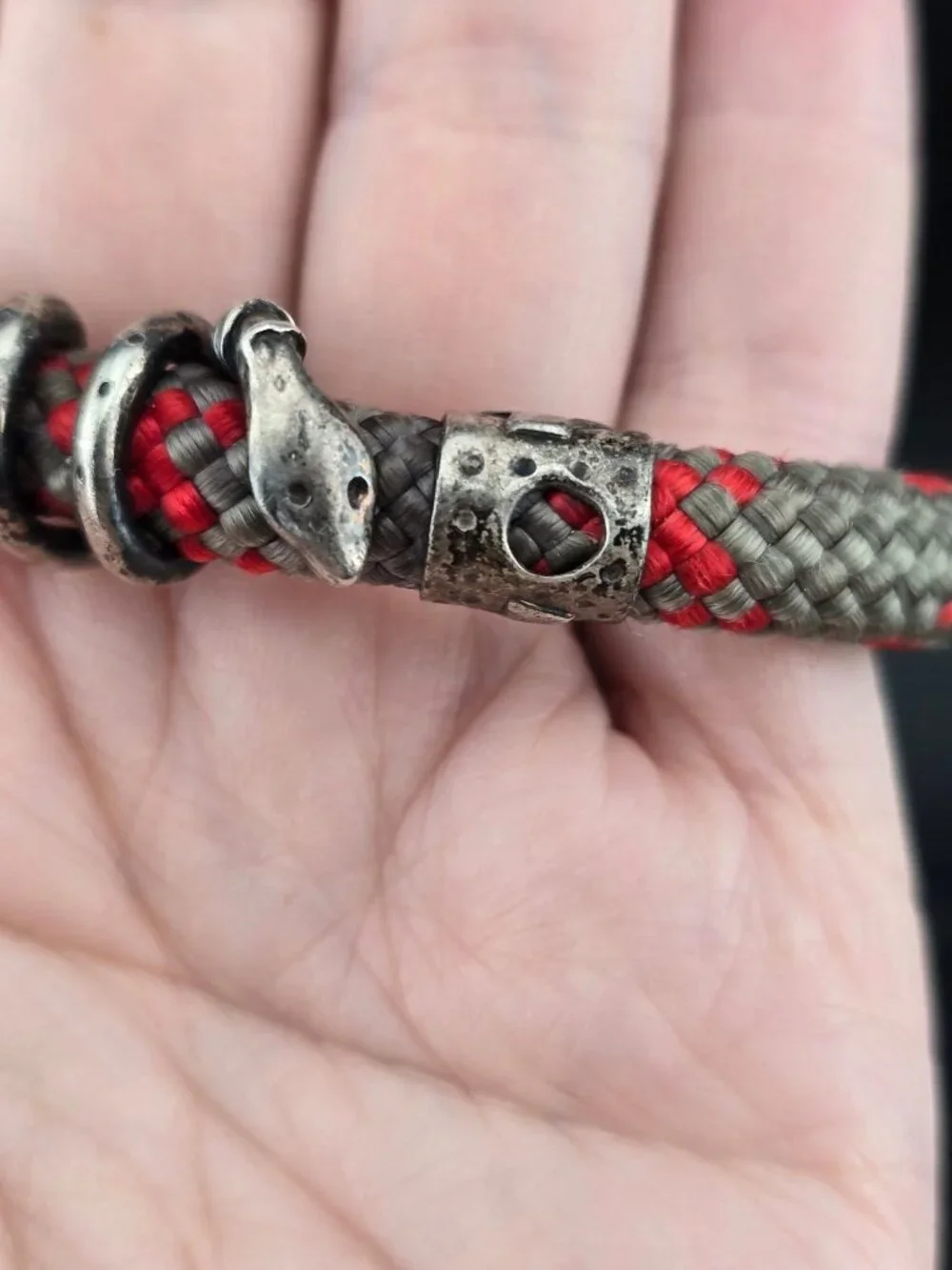 Vintage Mens Snake Red and Gray Cord Bracelet Metal Accents 6.25